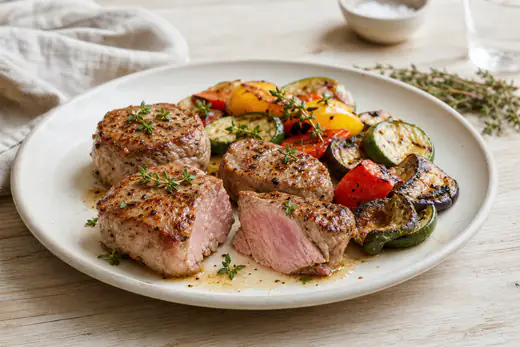 Quatre médaillons de veau rosés et dorés, posés sur une assiette avec des légumes grillés et du thym