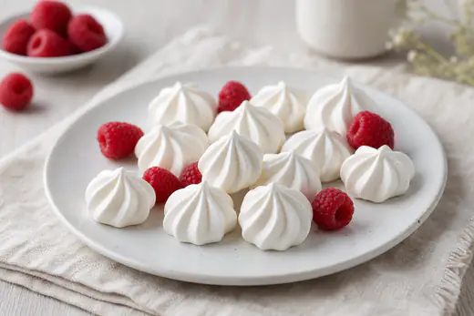 Petites meringues blanches en forme de bouchon torsadé, croquantes, disposées sur une assiette blanche avec quelques framboises
