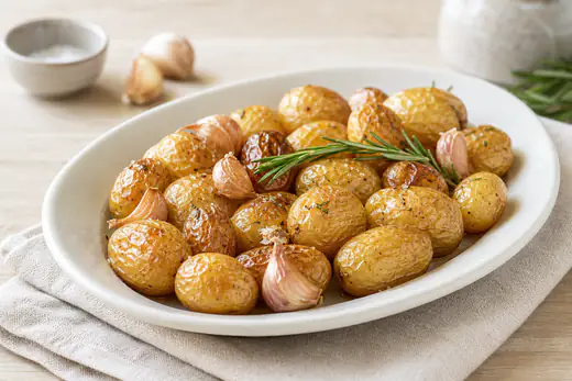 Petites pommes de terre grenailles entières, à la peau dorée et craquante, avec des gousses d’ail et du romarin dans un plat de service