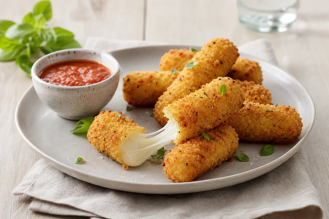 Mozzarella sticks panés et dorés, l’un cassé en deux avec le fromage qui file, servis avec un petit bol de sauce tomate