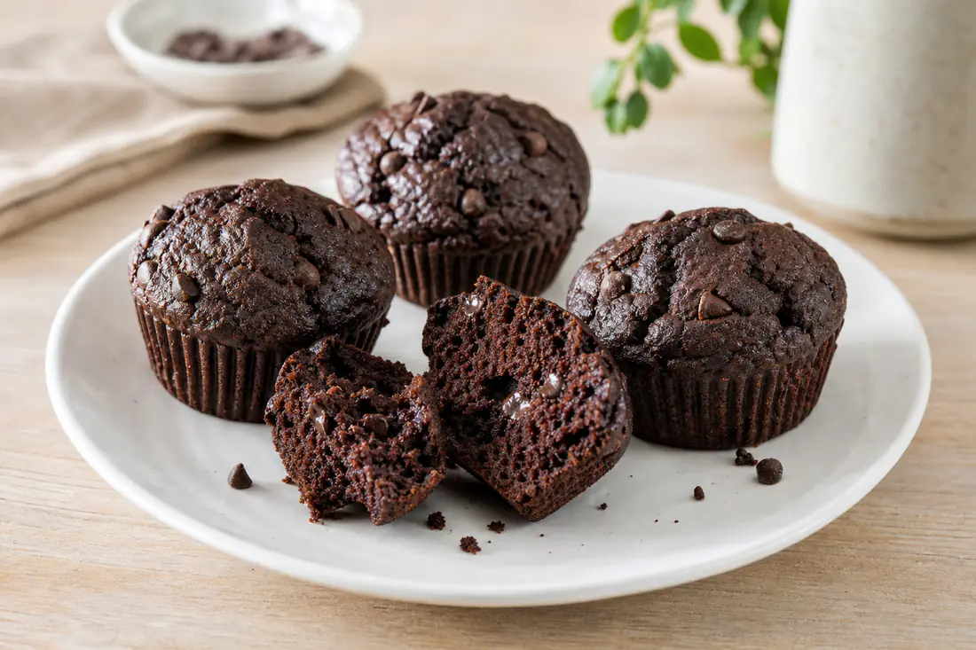 Muffins au chocolat foncés et bombés avec des pépites de chocolat visibles, l’un coupé en deux, sur une assiette blanche