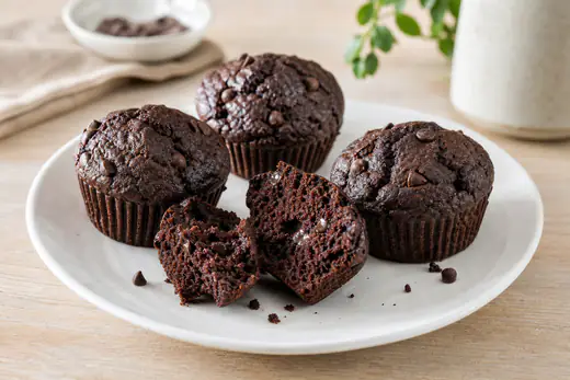 Muffins au chocolat foncés et bombés avec des pépites de chocolat visibles, l’un coupé en deux, sur une assiette blanche