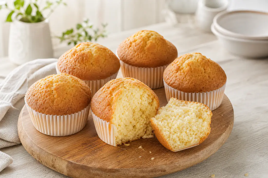 Six muffins à la vanille bien bombés dans des caissettes en papier, l’un coupé en deux pour montrer la mie aérée, posés sur une planche en bois