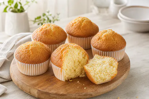 Six muffins à la vanille bien bombés dans des caissettes en papier, l’un coupé en deux pour montrer la mie aérée, posés sur une planche en bois