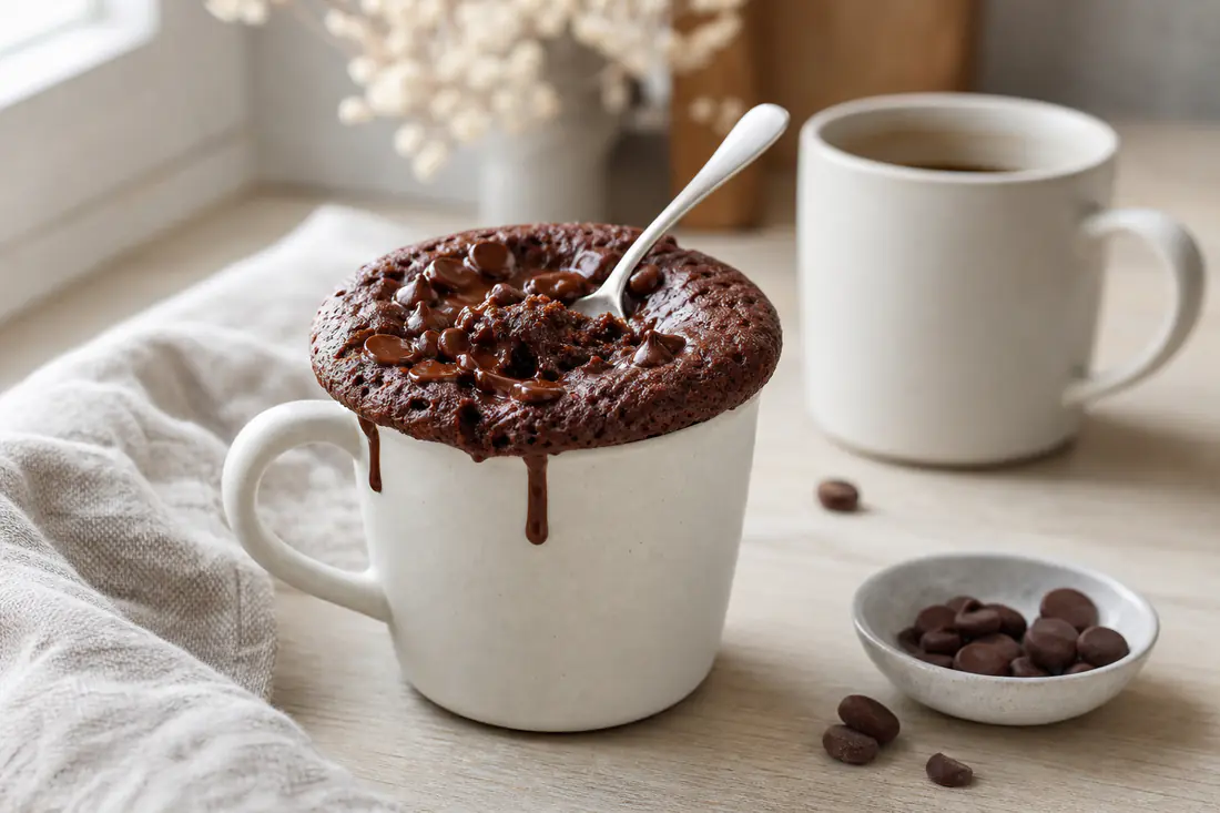Mug cake au chocolat gonflé dans une tasse en céramique blanche, avec une cuillère et des pépites de chocolat fondues sur le dessus