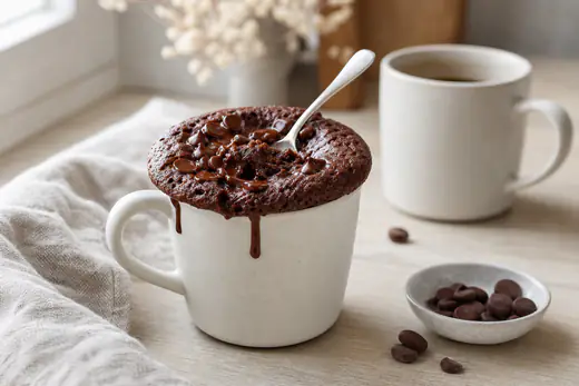 Mug cake au chocolat gonflé dans une tasse en céramique blanche, avec une cuillère et des pépites de chocolat fondues sur le dessus