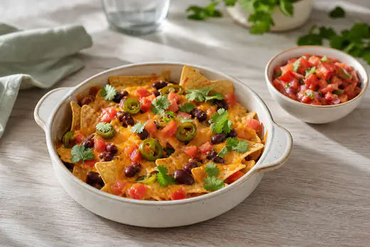 Plat de nachos recouverts de cheddar fondu, de haricots rouges, de tomate et de coriandre, avec un bol de salsa à côté