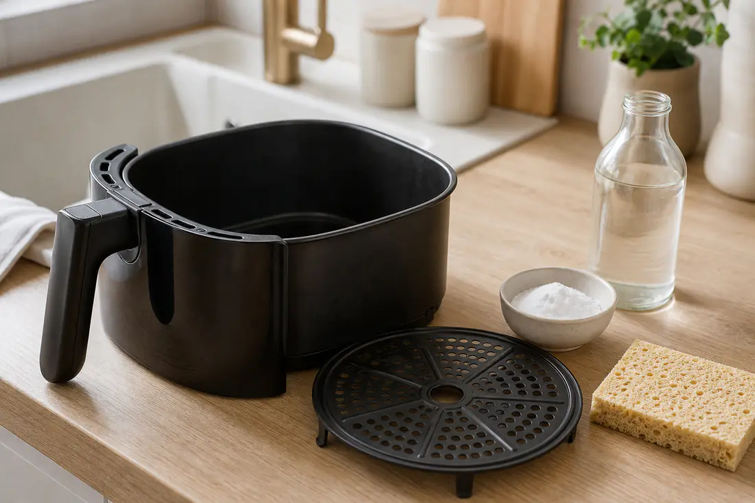 Panier et tiroir d’un airfryer posés près d’un évier avec une éponge, un bol de bicarbonate et une bouteille de vinaigre blanc