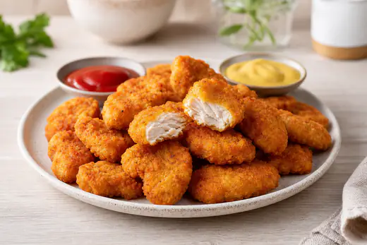 Nuggets de poulet maison dorés et croustillants, dont un coupé en deux, servis avec du ketchup et une sauce moutarde-miel dans des ramequins