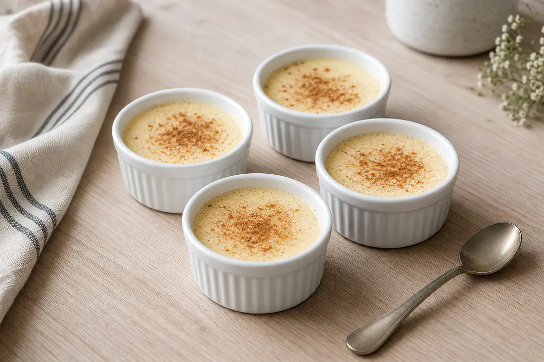 Quatre ramequins d’œufs au lait à la crème lisse et ivoire, parsemée de vanille et d’une pointe de cannelle, posés sur une table en bois