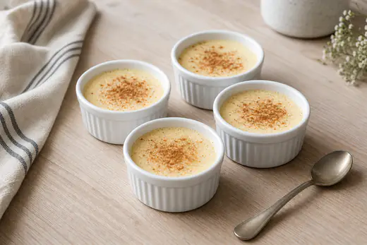 Quatre ramequins d’œufs au lait à la crème lisse et ivoire, parsemée de vanille et d’une pointe de cannelle, posés sur une table en bois