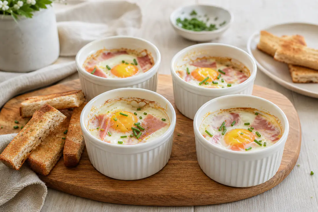Quatre ramequins blancs d’œufs cocotte au jambon, le jaune coulant, parsemés de ciboulette, posés sur une planche avec des mouillettes de pain grillé