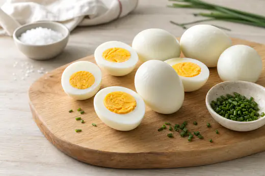 Des œufs durs écalés, coupés en deux pour montrer le jaune ferme, posés sur une planche en bois avec du sel et de la ciboulette