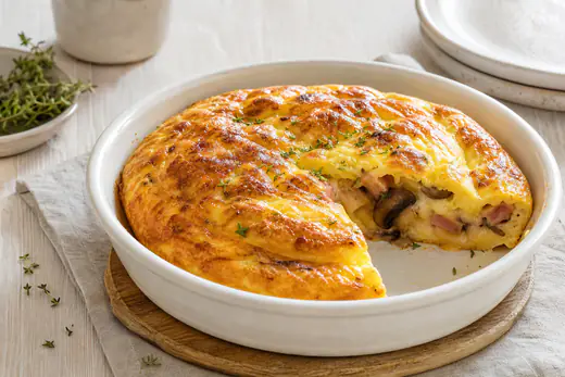 Omelette dorée et gonflée au fromage, aux champignons et au jambon, coupée en deux dans un petit plat rond