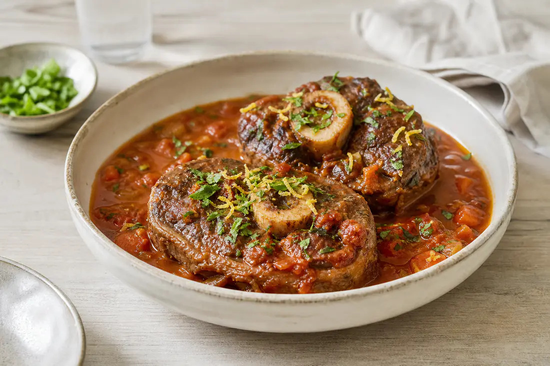 Deux tranches de jarret de veau avec l’os et la moelle, mijotées dans une sauce tomate, servies avec de la gremolata au citron et au persil