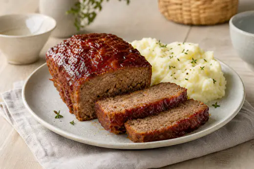 Pain de viande doré, glacé au ketchup, tranché en tranches épaisses dans un petit moule à cake, avec de la purée