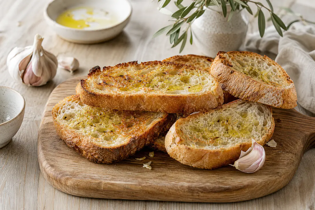Tartines de pain de campagne grillées, bien dorées, frottées à l’ail et arrosées d’huile d’olive, sur une planche en bois