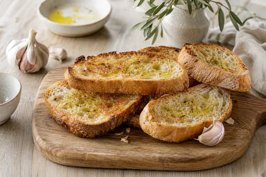 Tartines de pain de campagne grillées, bien dorées, frottées à l’ail et arrosées d’huile d’olive, sur une planche en bois