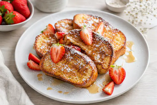 Tranches épaisses de pain perdu dorées, saupoudrées de sucre glace et servies avec des fraises fraîches sur une assiette