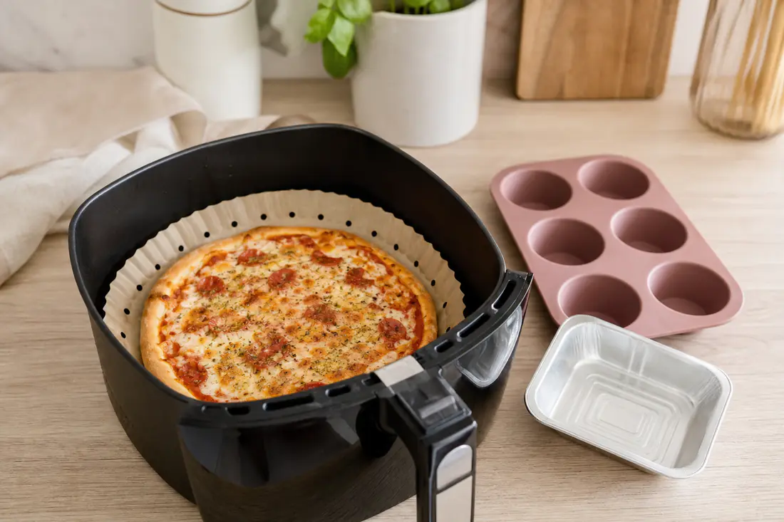 Panier d’airfryer avec un disque de papier cuisson perforé sous une pizza dorée, à côté d’un moule en silicone et d’une barquette en aluminium