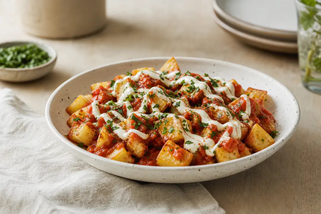 Une assiette de patatas bravas, cubes de pommes de terre dorés nappés de sauce brava rouge, avec un filet d’aïoli et du persil
