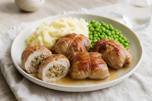 Quatre paupiettes de porc ficelées et dorées, dont une coupée en deux pour montrer la farce, servies avec une purée et des petits pois