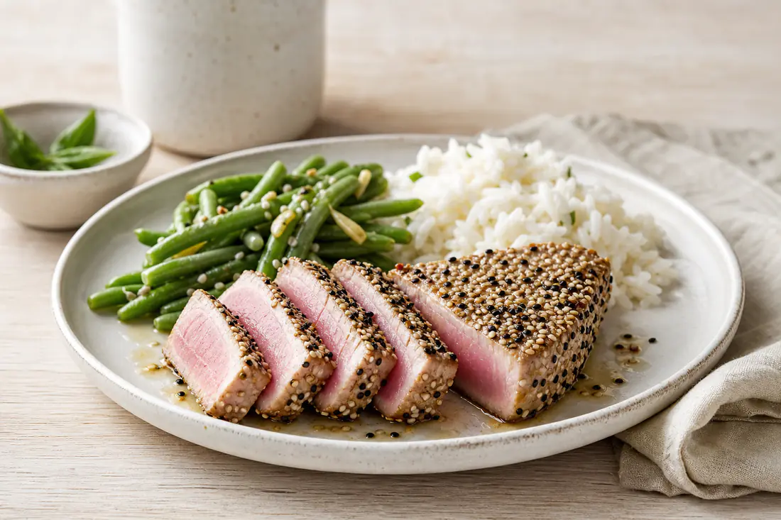 Deux pavés de thon grillés coupés en tranches montrant un cœur rosé, parsemés de graines de sésame, servis avec du riz et des légumes verts