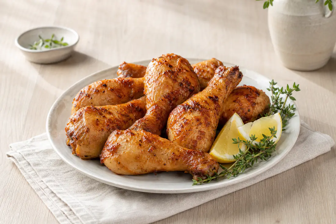 Six pilons de poulet dorés à la peau croustillante, servis sur une assiette avec des quartiers de citron et du thym