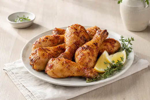 Six pilons de poulet dorés à la peau croustillante, servis sur une assiette avec des quartiers de citron et du thym