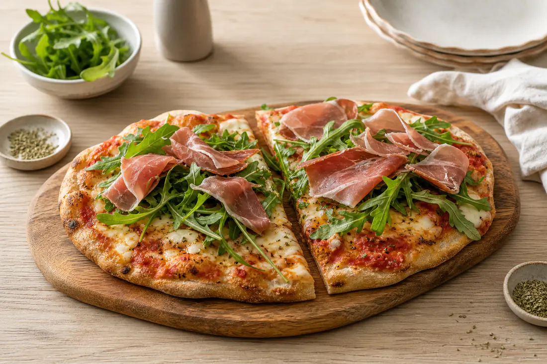 Deux moitiés de pinsa romaine ovale garnies de mozzarella fondue et de tomate, avec de la roquette et du jambon cru, sur une planche en bois