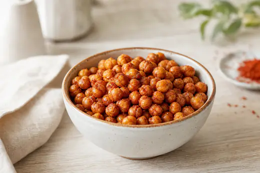 Pois chiches grillés, dorés et croustillants, assaisonnés de paprika fumé, dans un petit bol en céramique