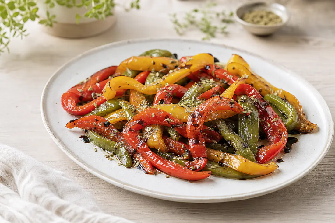 Lamelles de poivrons rouges, jaunes et verts grillées, aux bords légèrement noircis, dans une assiette avec des herbes