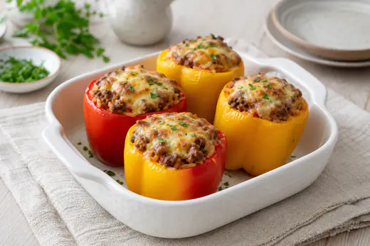Quatre poivrons rouges et jaunes farcis à la viande hachée et au riz, gratinés au fromage, debout sur un plat avec du persil