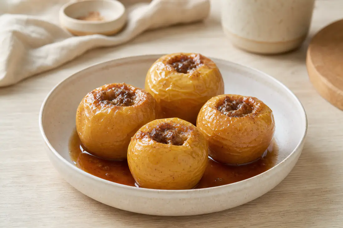Quatre pommes entières cuites au four, peau ridée et dorée, fourrées de cassonade fondue et de cannelle, servies sur une assiette creuse