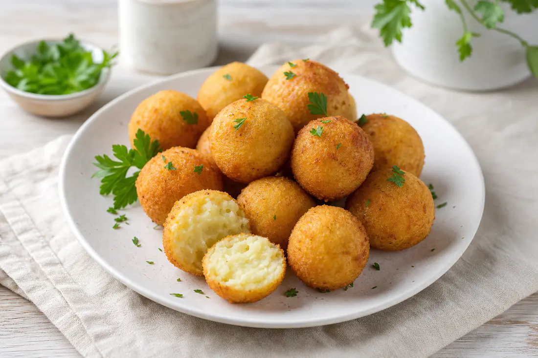 Pommes dauphine rondes et dorées dans une assiette, l’une coupée en deux sur un cœur de purée moelleux, avec du persil