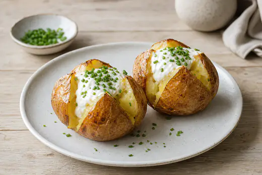 Pommes de terre au four entières, la peau dorée et craquante, ouvertes en croix et garnies de ciboulette et de fromage blanc