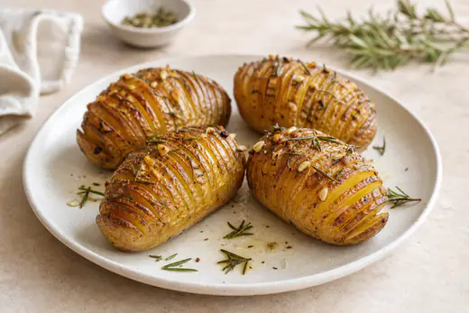 Quatre pommes de terre Hasselback ouvertes en éventail, dorées et croustillantes, parsemées de romarin et d’ail sur une assiette