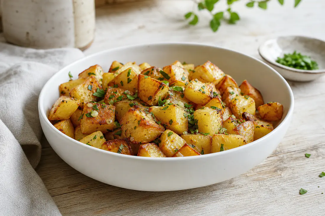 Pommes de terre sautées en dés, bien dorées et rissolées, parsemées de persil haché et d’ail, servies dans un plat blanc