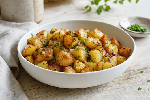 Pommes de terre sautées en dés, bien dorées et rissolées, parsemées de persil haché et d’ail, servies dans un plat blanc