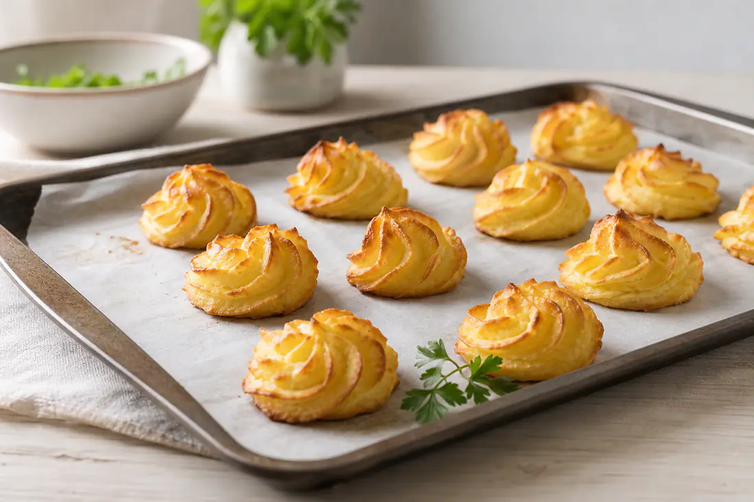 Rosettes de pommes duchesse dorées sur les crêtes, posées sur du papier cuisson, avec un brin de persil