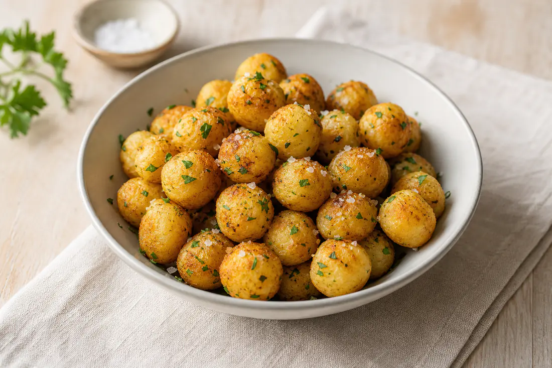 Petites billes de pommes de terre dorées, pommes noisettes, dans une assiette creuse avec du persil haché et une pincée de fleur de sel