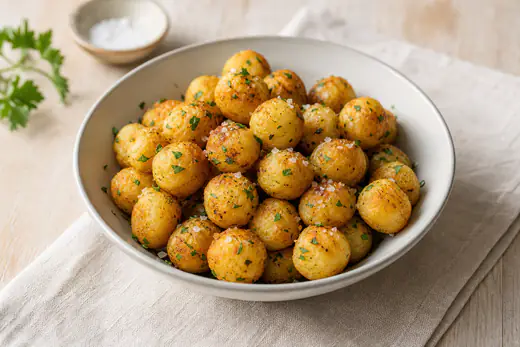 Petites billes de pommes de terre dorées, pommes noisettes, dans une assiette creuse avec du persil haché et une pincée de fleur de sel