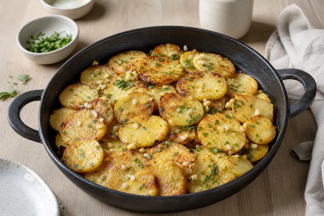 Rondelles de pommes de terre sarladaises dorées, parsemées d’ail et de persil frais, servies dans un plat en fonte