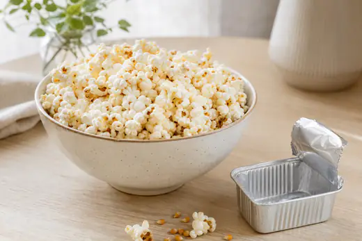 Un grand saladier de popcorn maison bien gonflé et salé, avec quelques grains non éclatés au fond et une barquette en aluminium à côté