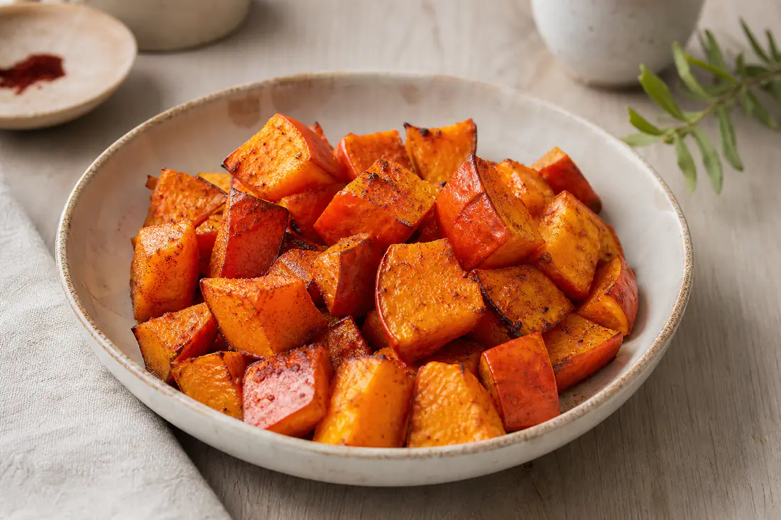 Cubes de potimarron rôtis, orange vif et caramélisés sur les bords, avec leur peau, dans un plat creux