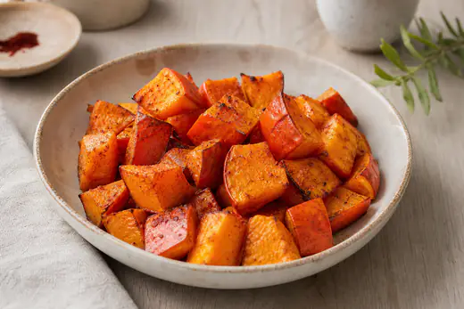 Cubes de potimarron rôtis, orange vif et caramélisés sur les bords, avec leur peau, dans un plat creux