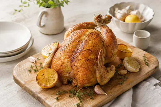 Poulet entier rôti à la peau dorée et brillante, posé sur une planche avec des demi-citrons, des gousses d’ail et du thym