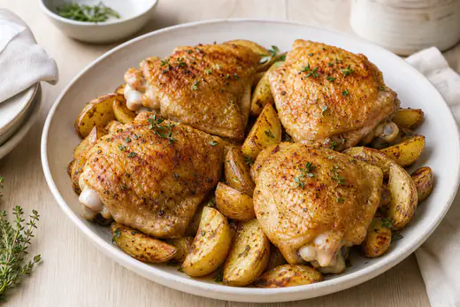 Quatre hauts de cuisse de poulet à la peau dorée posés sur des quartiers de pommes de terre rôtis, avec du thym et du paprika