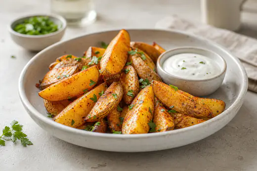 Quartiers de pommes de terre avec la peau, dorés et épicés au paprika, servis dans un plat avec du persil frais et une sauce blanche