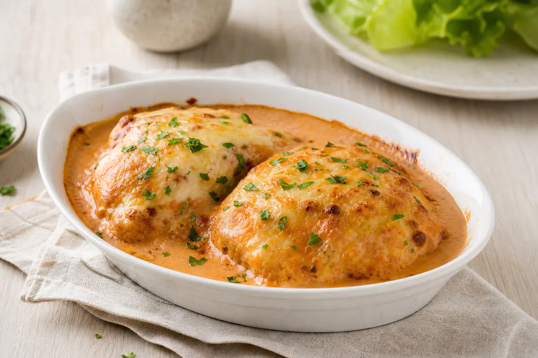 Deux quenelles de brochet gonflées et dorées dans un plat blanc, nappées de sauce Nantua rosée et d’un peu de gruyère gratiné